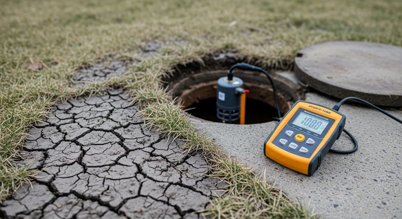 A technician from The Trenchless Guys using electronic sewer gas detection equipment along a residential yard in Wooster, Ohio. The probe is positioned near a sewer cleanout access point on a property with a basement-style home typical of Wayne County.
