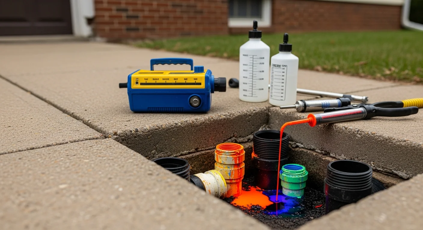 A sewer technician introducing colored dye into a floor drain at a Wooster, Ohio residential property during a sewer line dye test. The image shows the dye tracing process used to detect cross-connections between the sanitary and storm sewer systems.