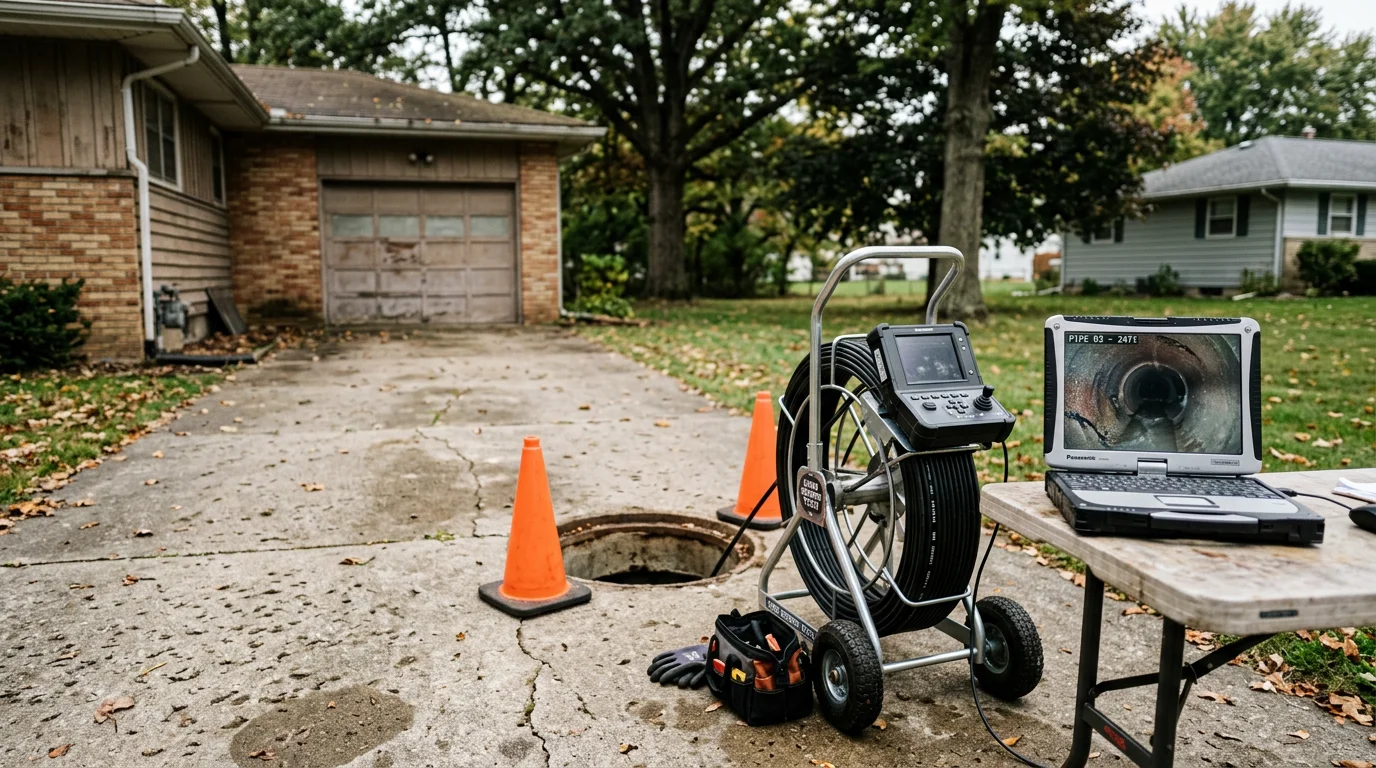 A sewer camera inspection being performed on a residential lateral in Wooster, Ohio, with the camera feed displaying a cracked clay pipe interior on a monitor above ground. A technician reviews the live footage to identify root intrusion and joint damage before any repair work begins.