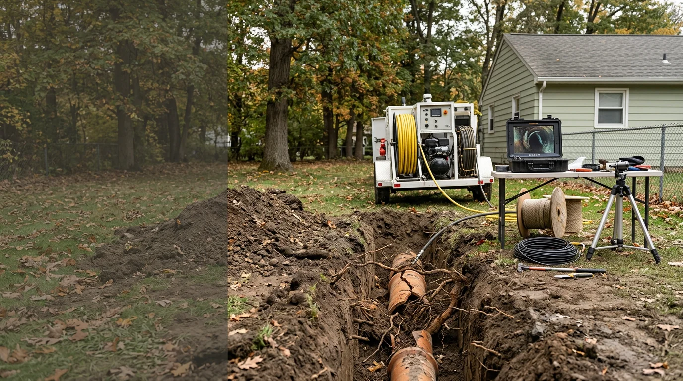 A trenchless sewer line repair access point in a Wooster Ohio residential yard, showing minimal ground disturbance with the surrounding lawn and landscaping intact. A technician prepares equipment at a small excavated entry point next to a home with a concrete driveway visible in the background.