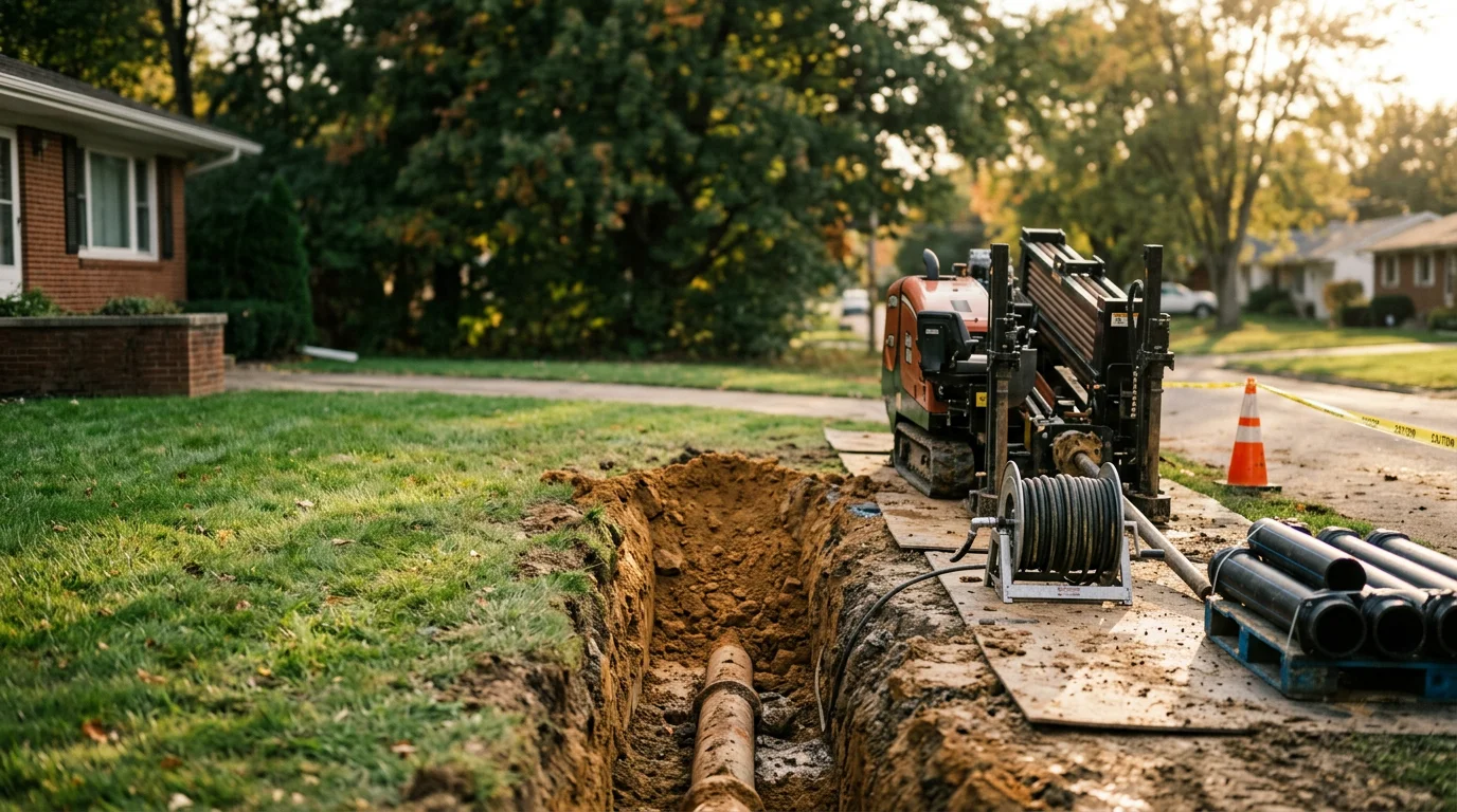 A trenchless sewer line replacement access point in a Wooster, Ohio residential yard, showing a small excavated entry pit beside an intact lawn with no open trench. A new pipe is being pulled through the old sewer line path beneath the surface.