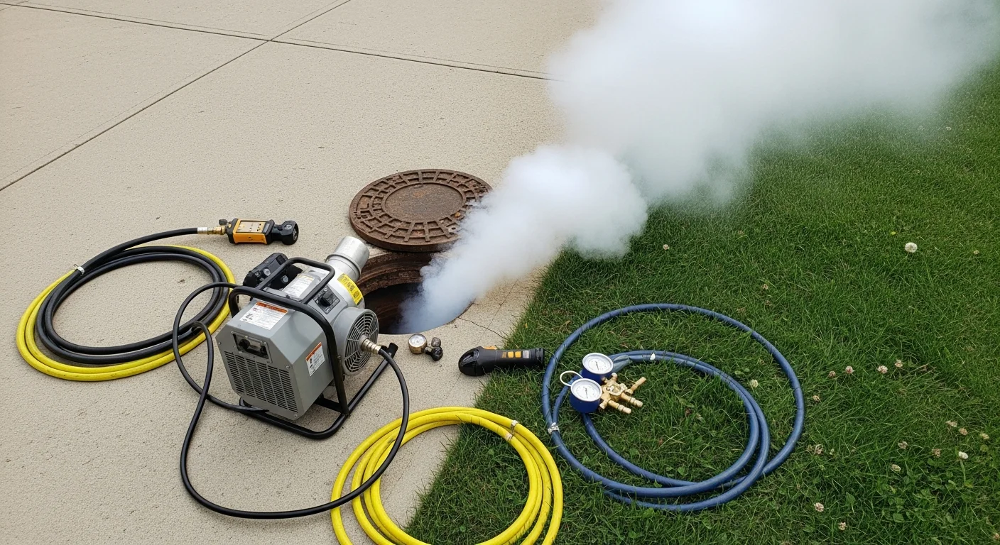 A technician from The Trenchless Guys operating a smoke blower connected to a sewer cleanout access point on a residential property in Wooster, Ohio. White non-toxic smoke is visible rising from a ground-level fault in the sewer lateral beside the home's foundation.
