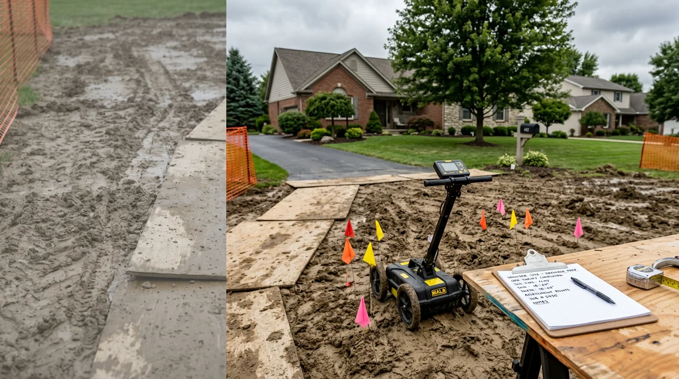 A prepared work zone at a Wooster, Ohio residential property showing a staged excavation area with exposed clay soil and a cleared access path leading to a sewer line repair site. The surrounding lawn and driveway remain largely undisturbed.