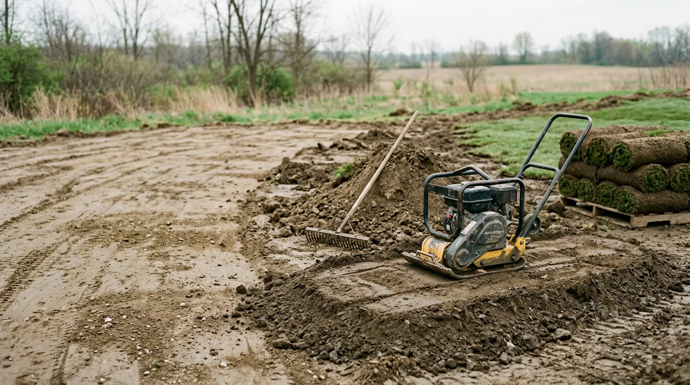 A restored residential yard in Wooster, Ohio after sewer line excavation, showing compacted and reseeded soil with no visible settling or surface disturbance. The surrounding lawn and concrete driveway edge are intact and level.