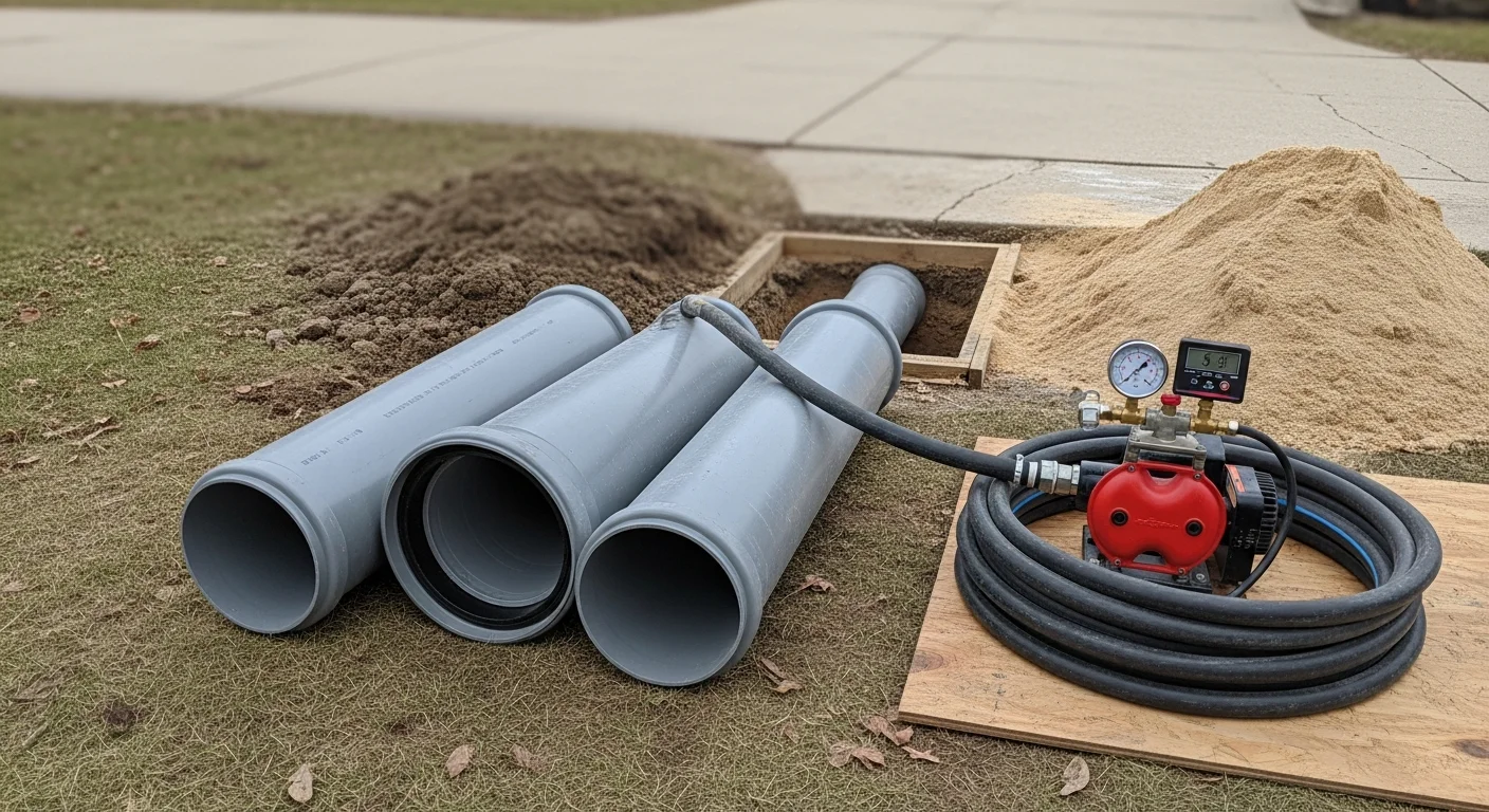 A cross-section view of a completed slip lining installation showing a new carrier pipe seated inside a deteriorated clay host pipe. The grouted annular space between the two pipes is visible, representing a restored sewer lateral in a Wooster, Ohio residential property.