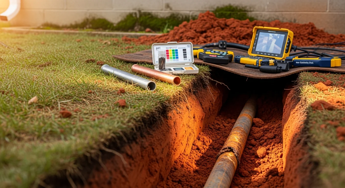 A newly installed water service line entering the basement wall of a Wooster, Ohio home after a full steel-to-new-pipe replacement. The excavation area alongside the foundation has been backfilled and the connection point is visible at the basement entry.