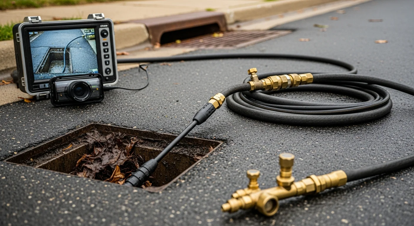 A storm drain catch basin on a Wooster, Ohio residential property being cleared of debris and sediment buildup by a professional drain cleaning crew. High-pressure water jetting equipment is visible alongside the open drain inlet.
