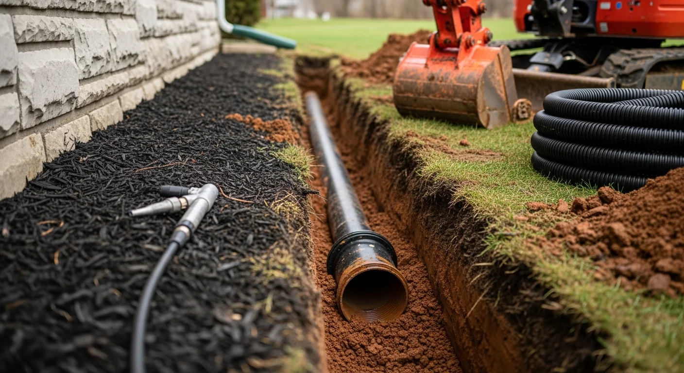 A Trenchless Guys technician inspecting a residential storm drain outlet at a Wooster, Ohio property after a rain event. Water flows clearly from the spouting drain connection into the underground line alongside a home foundation.