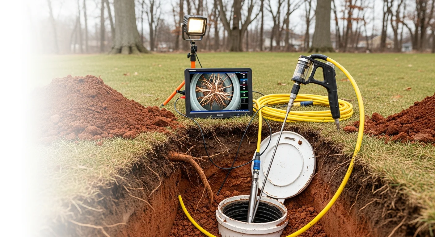 A sewer camera inspection screen showing tree root growth inside a clay tile sewer lateral beneath a residential yard in Wooster, Ohio. The roots have partially blocked the pipe interior, with visible joint separation along the pipe wall.