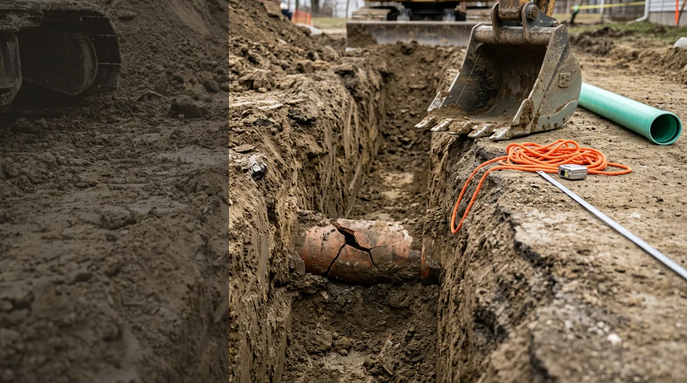 An open trench exposing a deteriorated clay sewer lateral in a Wooster, Ohio residential yard, with compacted Wayne County clay soil visible along the trench walls. A section of failed pipe has been removed in preparation for new line installation.