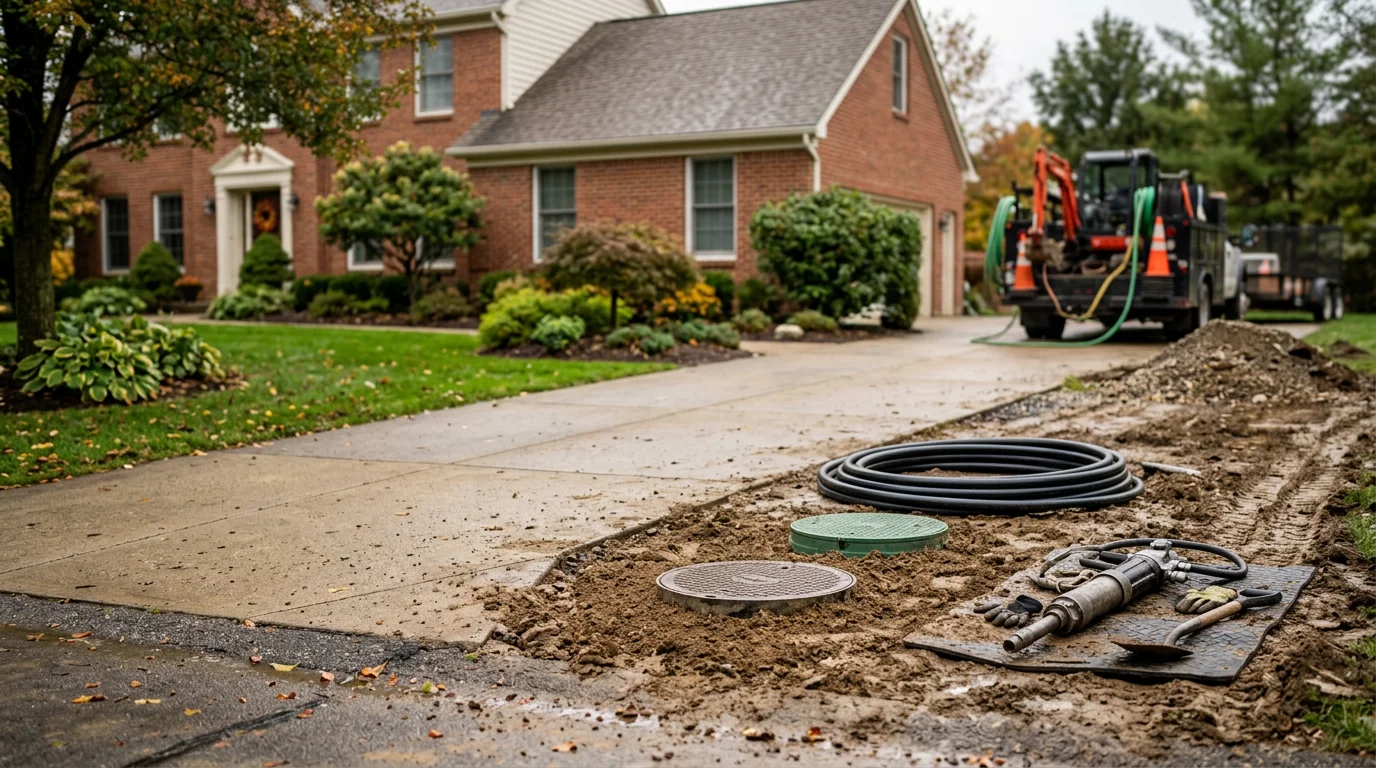 A Wooster, Ohio residential yard showing a completed trenchless pipe installation with minimal ground disturbance, intact landscaping, and a restored sewer service line running from the home to the street.