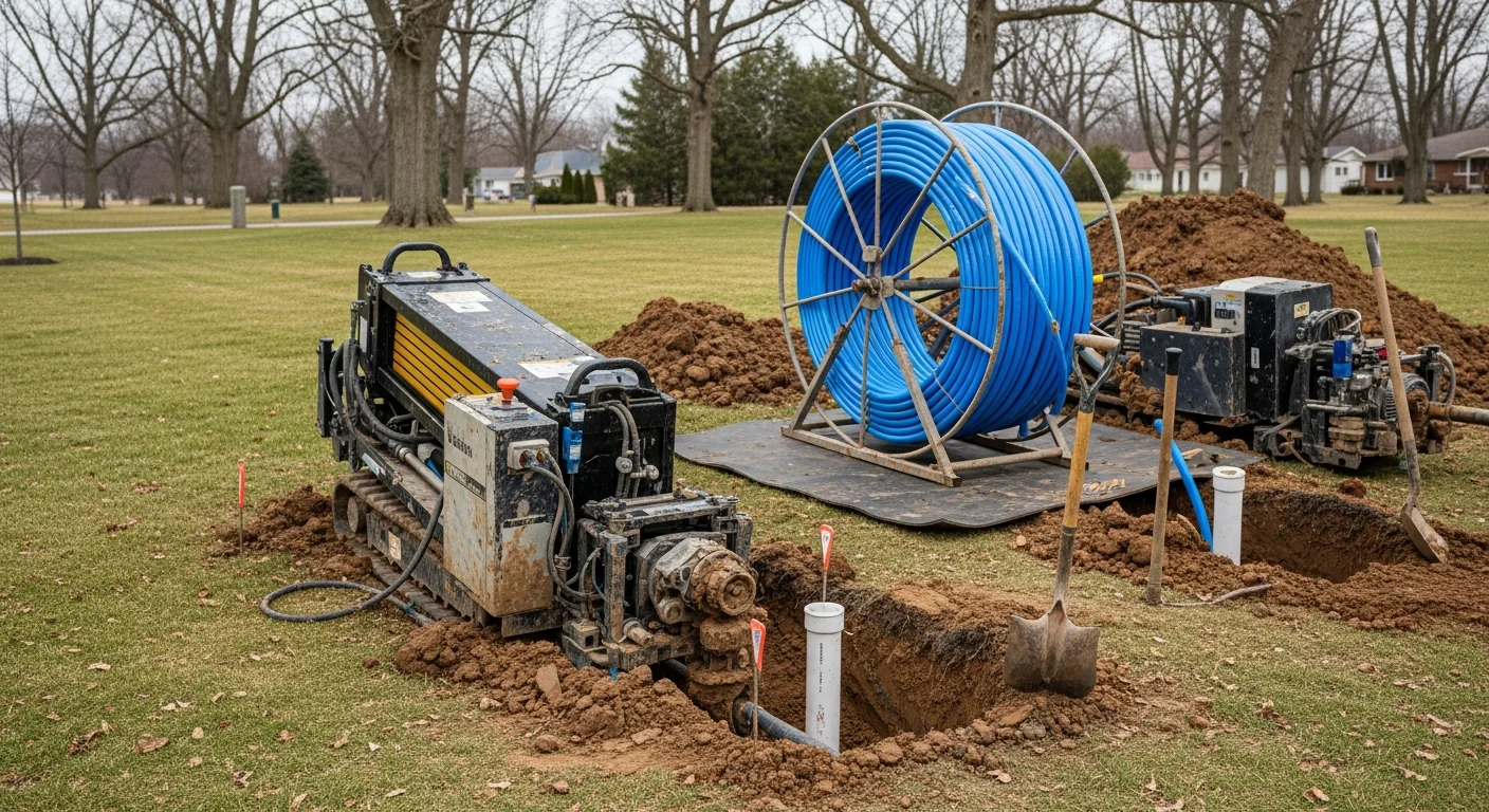 A Trenchless Guys crew member operating directional boring equipment in a Wooster, Ohio residential yard, with two small access pits visible and the surrounding lawn and driveway remaining undisturbed.