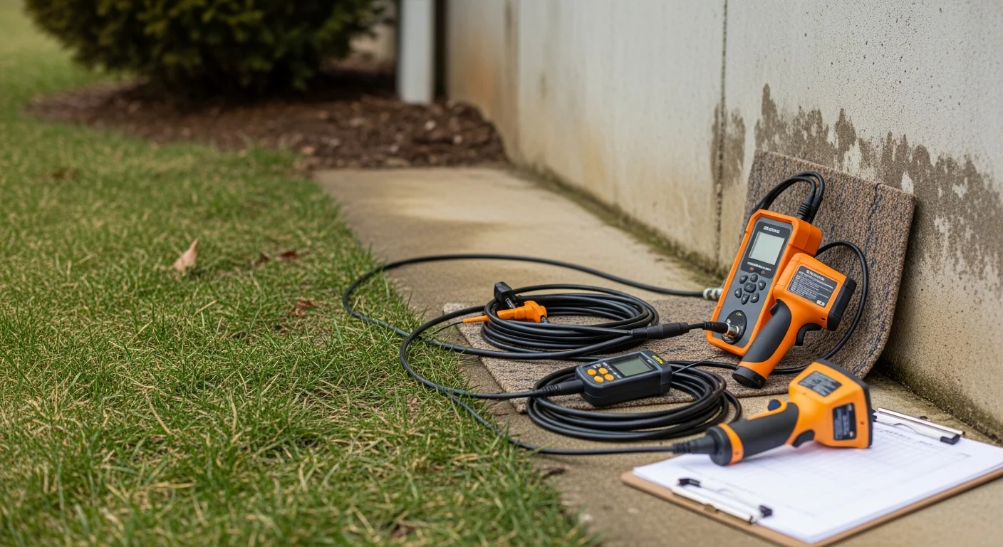 A Trenchless Guys technician using non-invasive leak detection equipment in the yard of a Wooster, Ohio home. The technician is scanning the ground near a buried water line without any excavation.