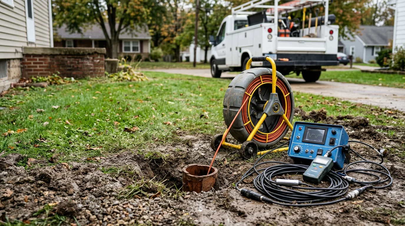 A water line inspection camera being fed into a residential supply line access point at a Wooster, Ohio home. The surrounding yard and basement entry are undisturbed, showing a non-invasive inspection process.
