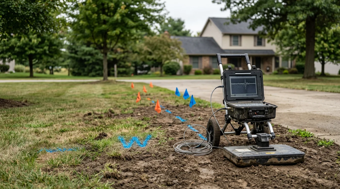 A technician uses ground locating equipment across a residential lawn in Wooster, Ohio, tracing the path of a buried water service line before excavation begins. Wayne County clay soil and a mid-century home exterior are visible in the background.