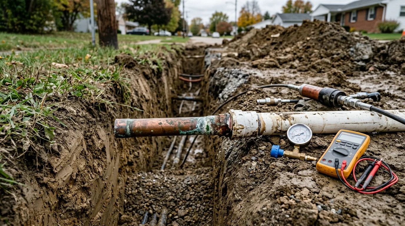 A repaired residential water service line in a Wooster, Ohio yard, showing a clean pipe connection at the foundation entry point with minimal ground disturbance around the repair area.