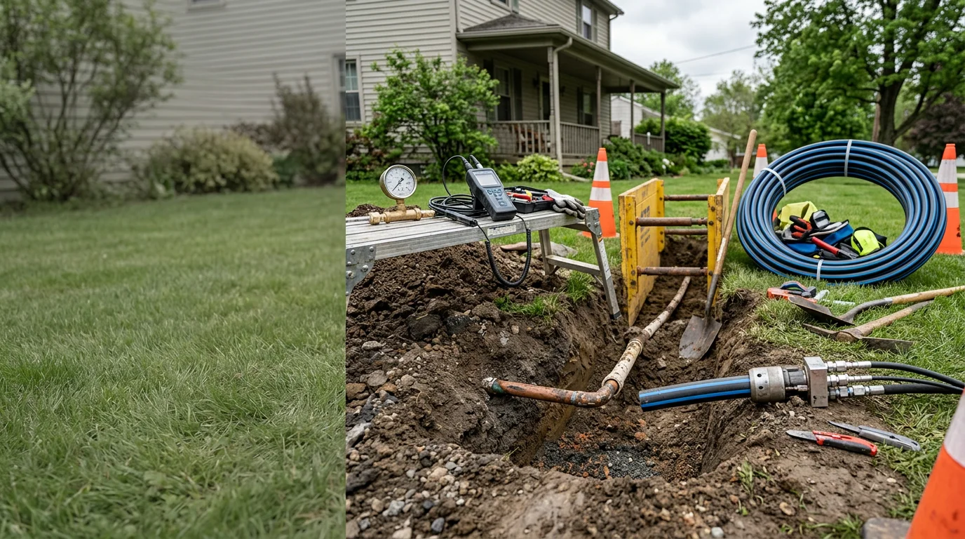 A trenchless water line replacement in progress at a residential property in Wooster, Ohio, showing small access pits at each end of the pipe run with the surrounding lawn and driveway left largely undisturbed.