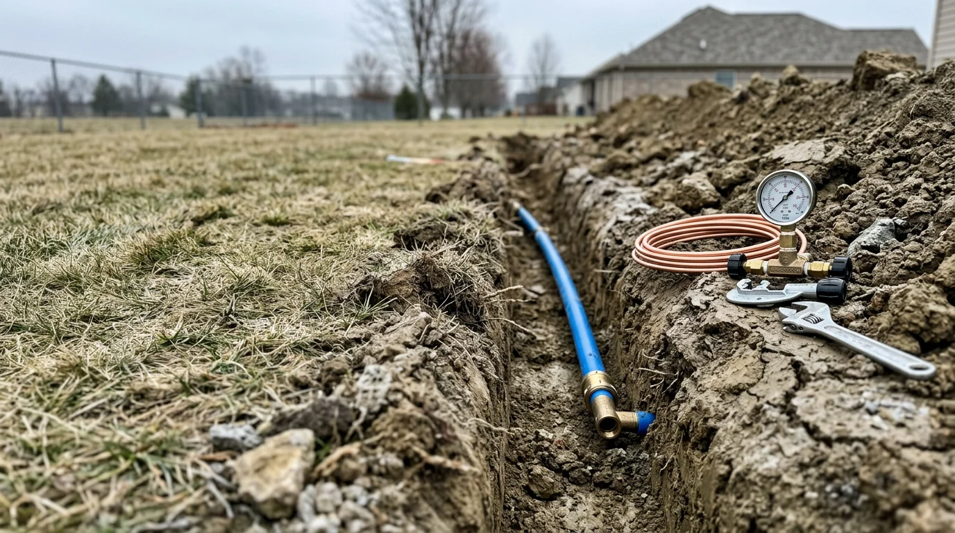 A residential front yard in Wooster, Ohio showing a completed trenchless water service line installation with two small, restored access points and no trench damage to the lawn or driveway. A new water line runs from the city connection to the home's foundation entry point beneath undisturbed clay soil.