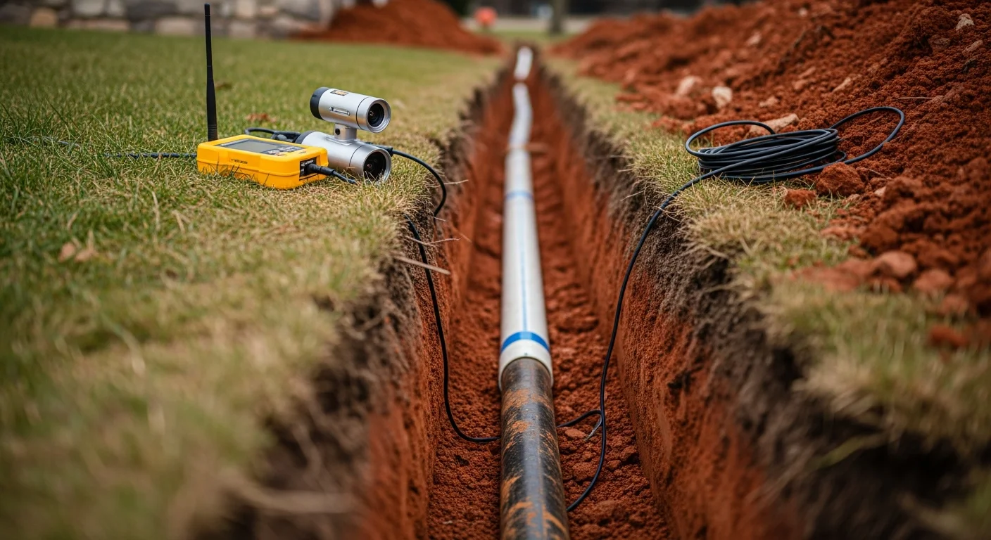 A Trenchless Guys technician using camera inspection equipment to assess a water service line at a Wooster, Ohio residential property. The yard shows minimal surface disturbance with only a small access point visible near the foundation.