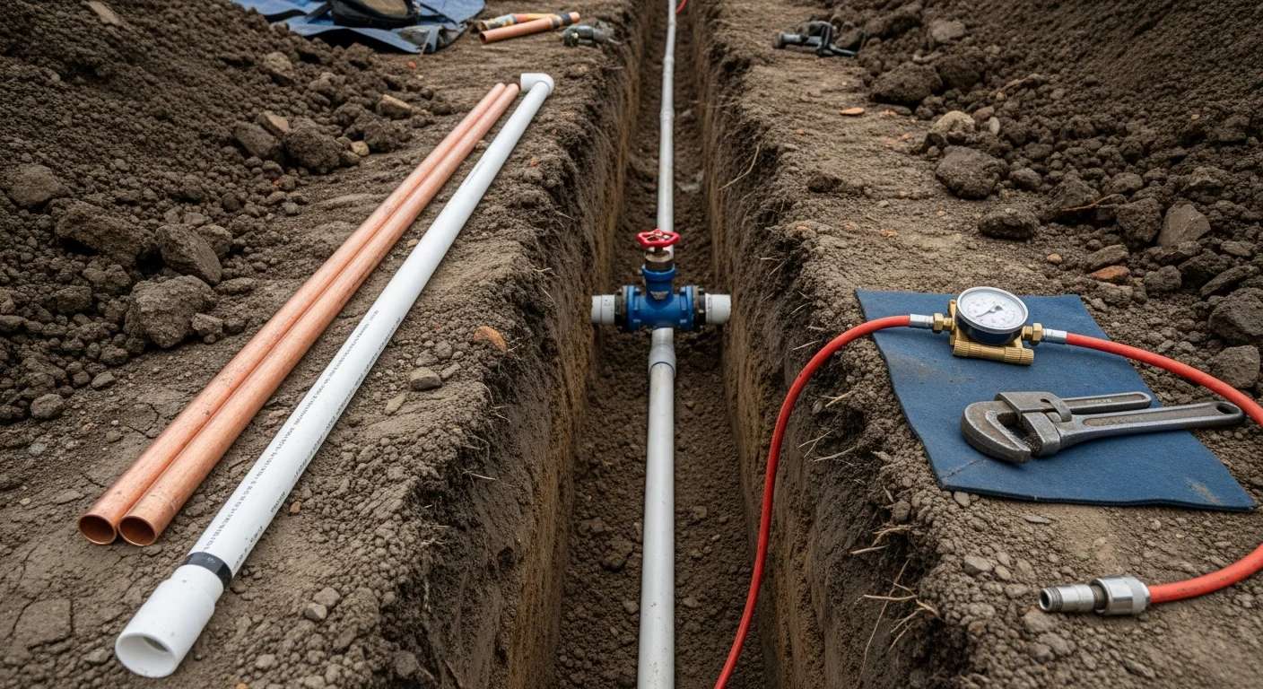 A freshly installed residential water service line running through Wayne County clay soil at a Wooster, Ohio property, with the trench open and new pipe visible before backfill. A technician from The Trenchless Guys inspects the connection point where the new line meets the home's foundation.
