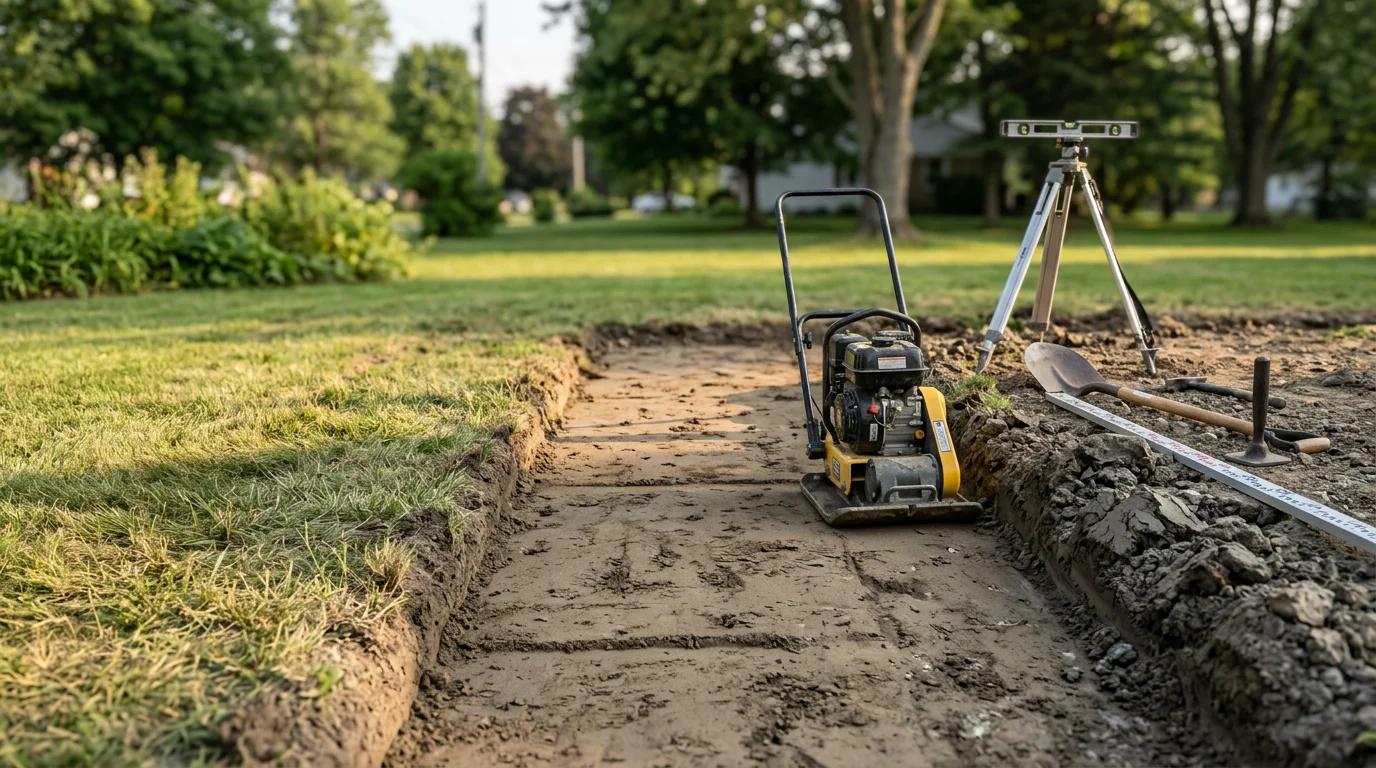 A Wooster, Ohio backyard showing a freshly compacted and graded trench line after a sewer repair, with level soil ready for lawn restoration. The surrounding grass and foundation are undisturbed, reflecting careful excavation and backfill work.